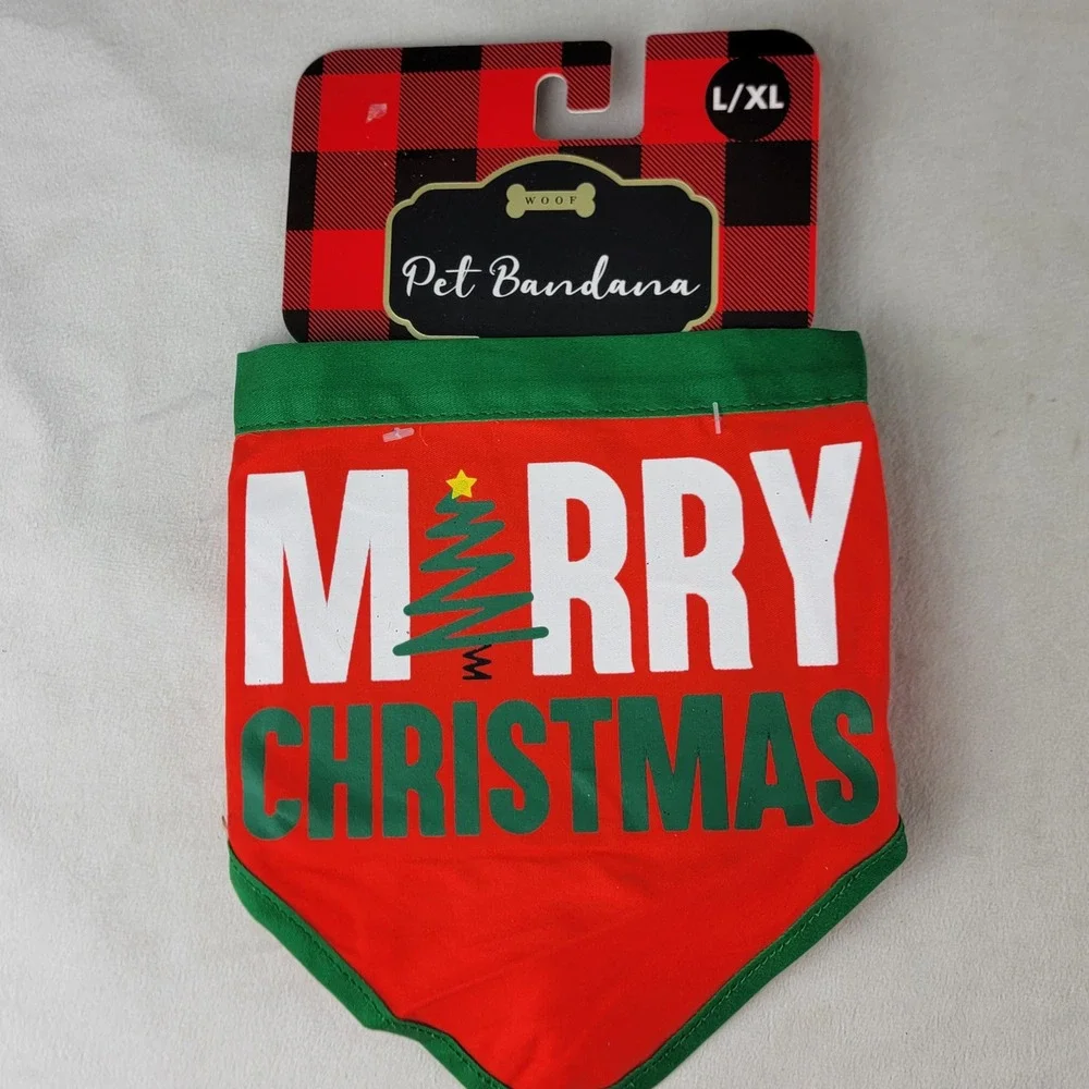 WOOF Merry Christmas Dog Cat Pet Bandana L XL Red Green Holiday Festive Tree NEW